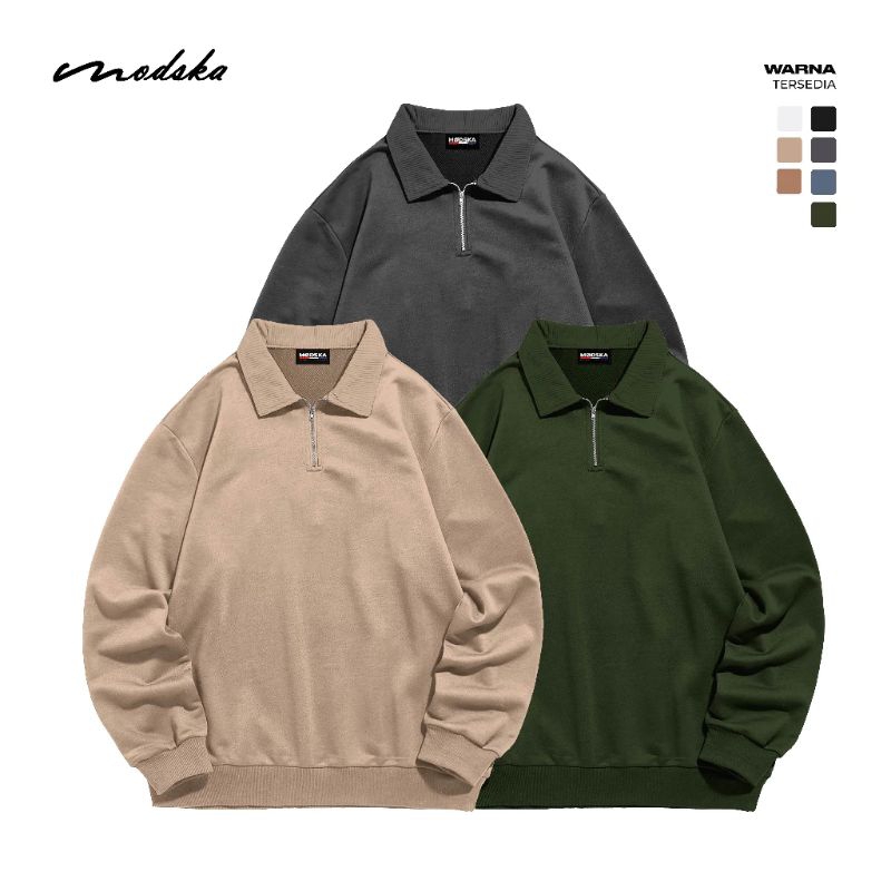 Jaket Sweater Rugby Halfzip Polos Pria Wanita Shirt Strip Fleece Jacket Sweatshirt