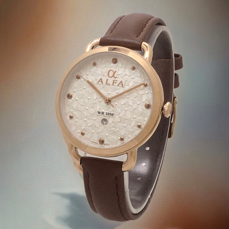 ALFA Jam Tangan Wanita Kulit Asli Series 38009 Original Garansi free kotak [ROSE]