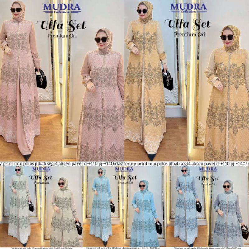 Gamis Muslimah Ulfa Set Hijab By Mudra// Ceruty Prin Mix Polos Jilbab Segi empat // Bisa Cod