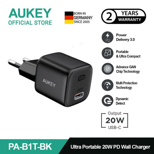 Aukey Charger Type C 20W GAN PD 3.0 Fast Charging Black &amp; White PA-B1T