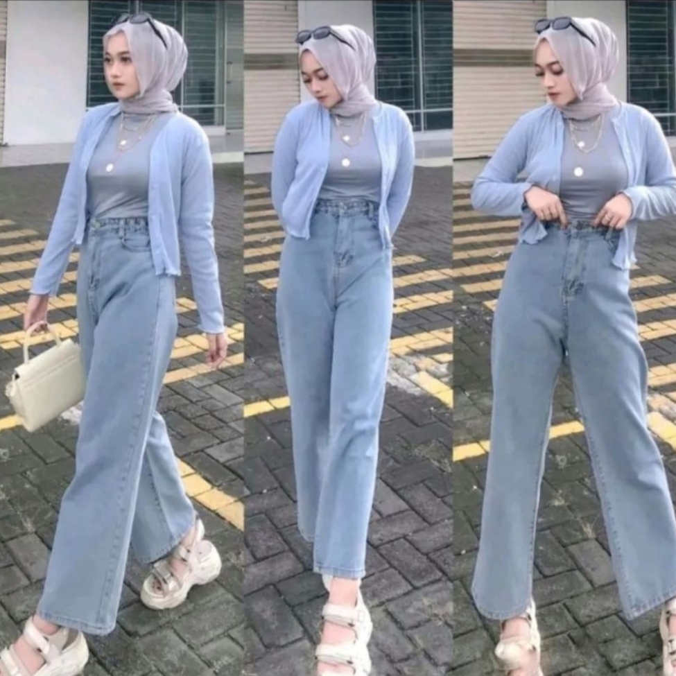 Highwaist Korea Style Celana Kulot Jeans Wanita Terbaru Acid Grey Panjang 100