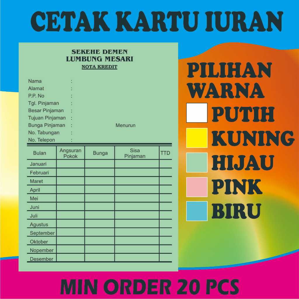 

Kartu Pembayaran/Iuran Warga/Stok Barang/Listrik, dll