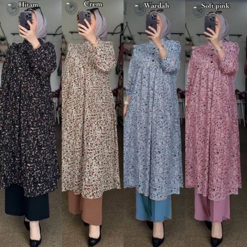 ONE SET TUNIK BUNGA LONG TUNIK KEKINIAN STYLE WANITA HIJAB