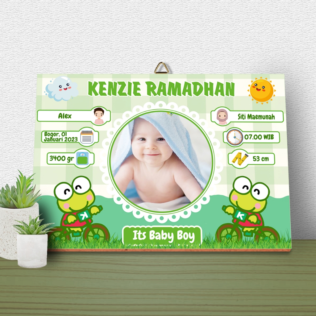 Biodata bayi custom - biodata bayi lucu - pajangan dinding biodata bayi tema kartun keropi