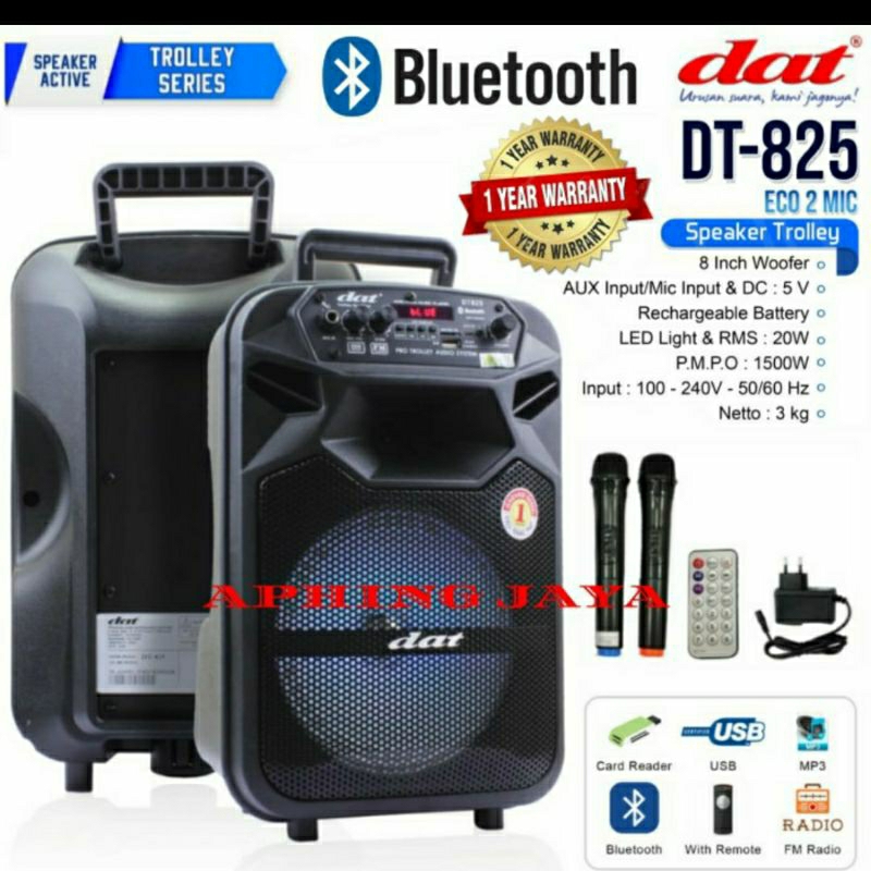 Speaker Portable Aktif 8inch dat DT-825 / dat DT 825 2pcs mic Original