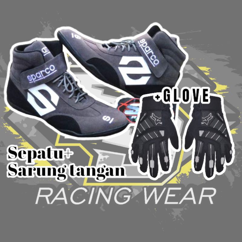 SATU SET SEPATU DRAG BIKE PLUS GLOVE KARET MOTOR SLALOM GOKART TOURING CORNERING SUNMORI ABU HITAM PUTIH BANDUNG