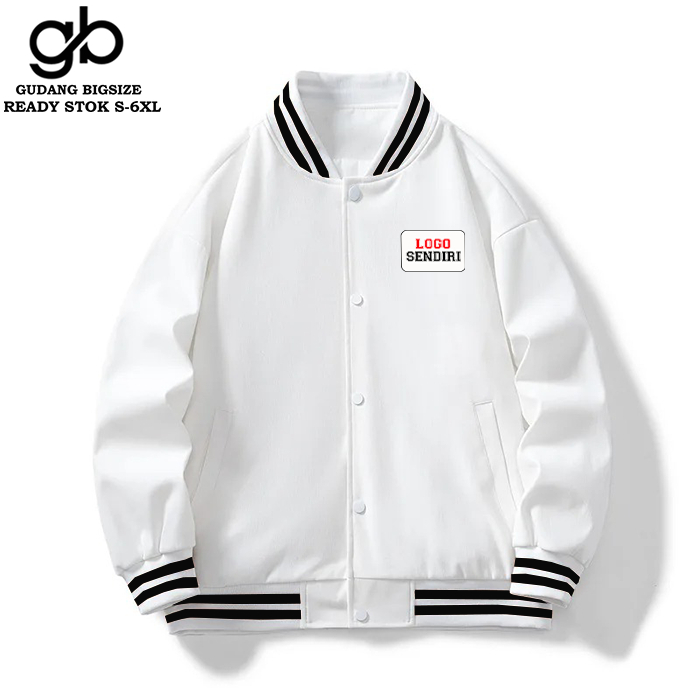 JAKET BOMBER VARSITY PUTIH POLOS CUSTOM LOGO S-6XL.JAKET BOMBER VARSITY