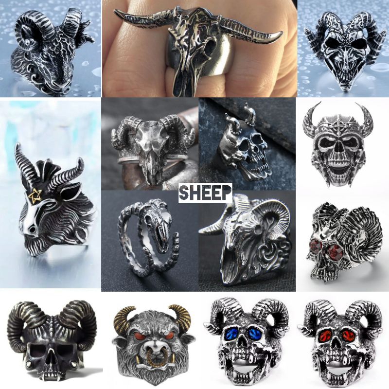 Cincin Pria Tanduk Kepala Domba punk style men ring sheep horn goat series