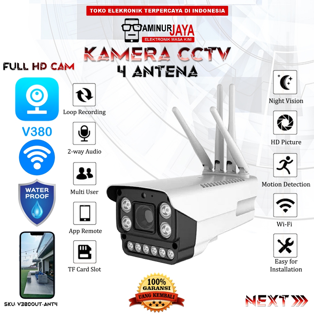 IP Camera CCTV WiFi App V380 Pro Wireless Kamera HD 1080P 4 Antena 4 IR 6 LED Night Vision Motion De