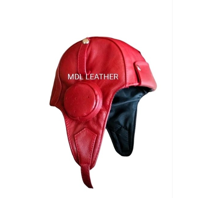 Topi Pilot Kulit Asli Topi Mancing Topi Motor Penutup Telinga Warna Merah