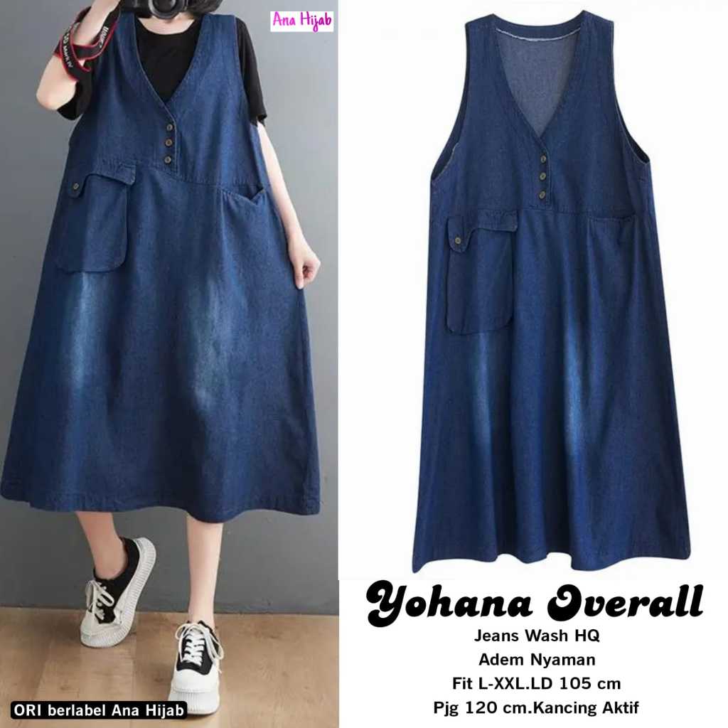 [Bisa COD] Yohana overall by Ana hijab overall jeans premium size jumbo ld 105 yohana overall midi g
