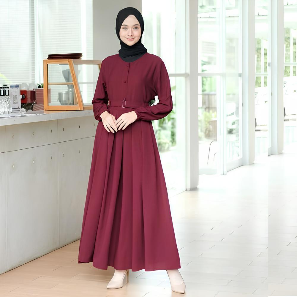 Gamis Hitam Polos Free Belt Dress Remaja Kekinian Maxi Busui Syar'i Daily-Marun