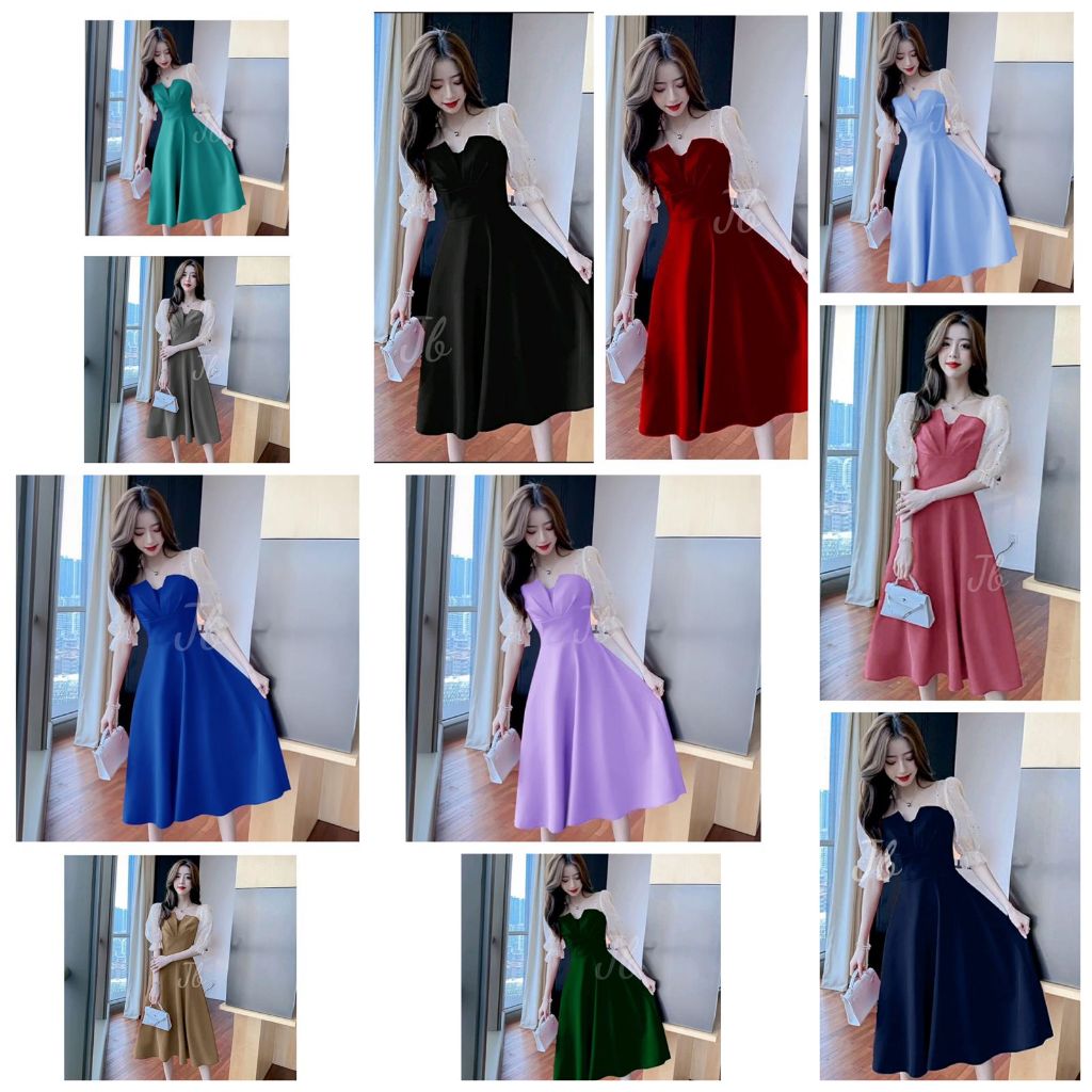 Baju Pesta Wanita Dress Kondangan Panjang 7/8 Lengan Balon Mekar Ngembang 3/4 Gliter Manik Gaun Brid