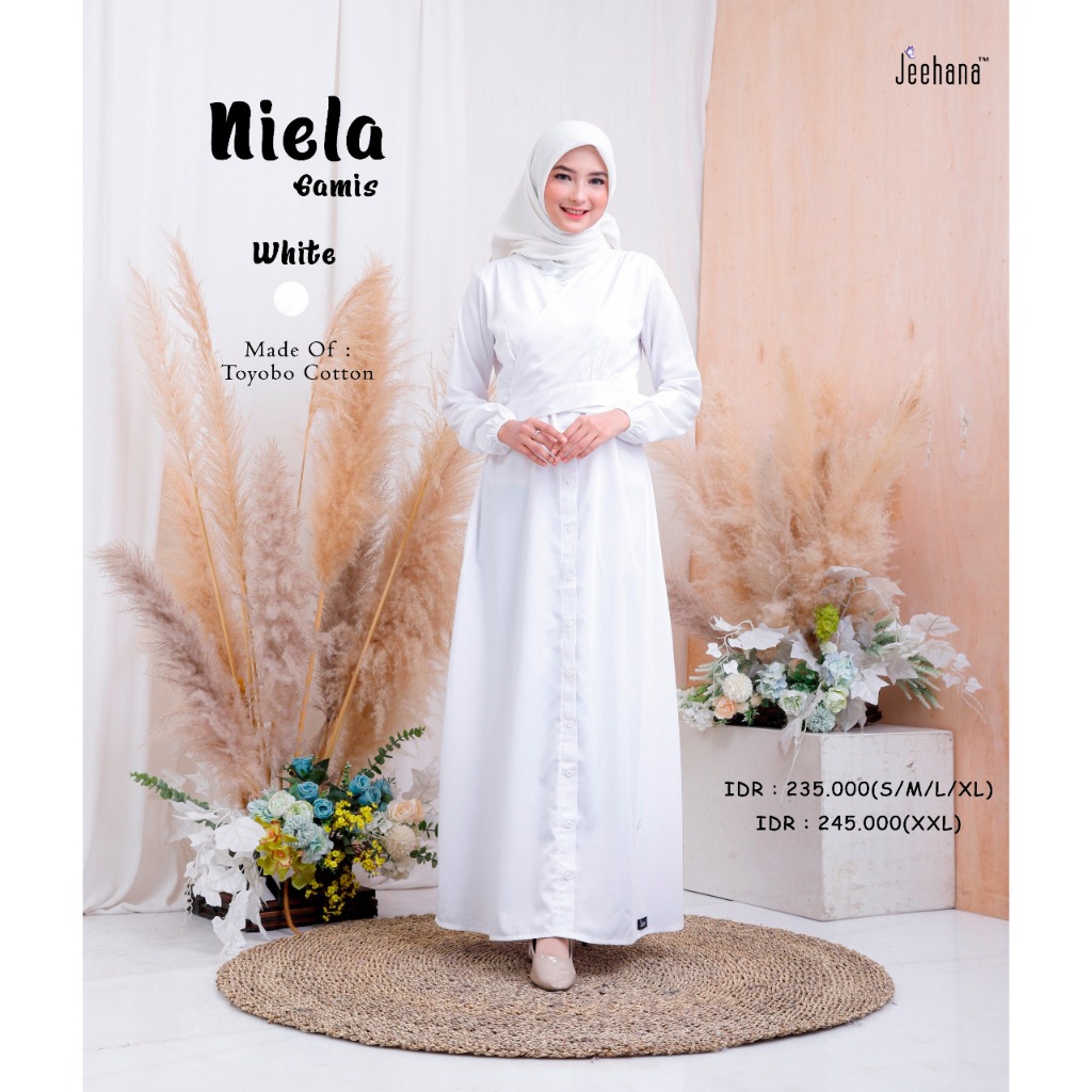 Gamis warna Putih Niela by Jeehana / GAMIS DEWASA BUSUI / GAMIS CANTIK / GAMIS ELEGAN / GAMIS SIMPLE