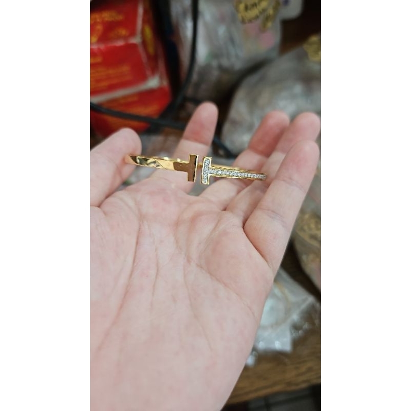 Bangle gelang oval per tifani putih white gold emas asli 375 8k polos mata putih