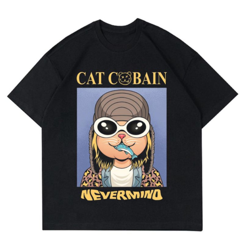 KAOS CAT COBAIN NEVERMIND BAJU PARODI PLESETAN BAND METAL NIRVANA KURT MERCH TSHIRT TEE LOKAL IMPORT