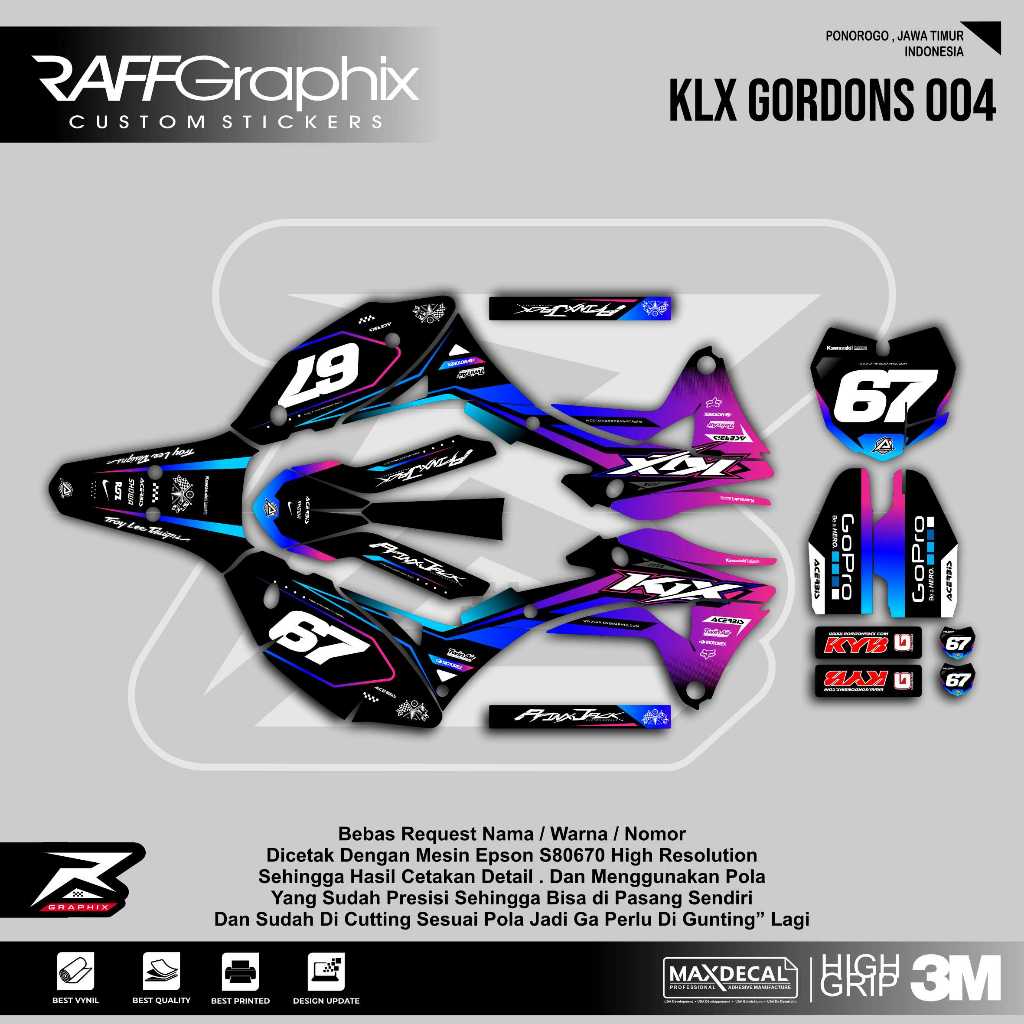 DECAL KLX GORDON HITAM PINK UNGU  / STICCKER DECCAL KLX GORDONS