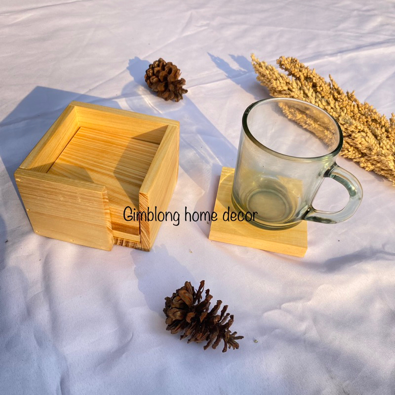 Tatakan gelas kayu pinus | wooden coaster | cork square