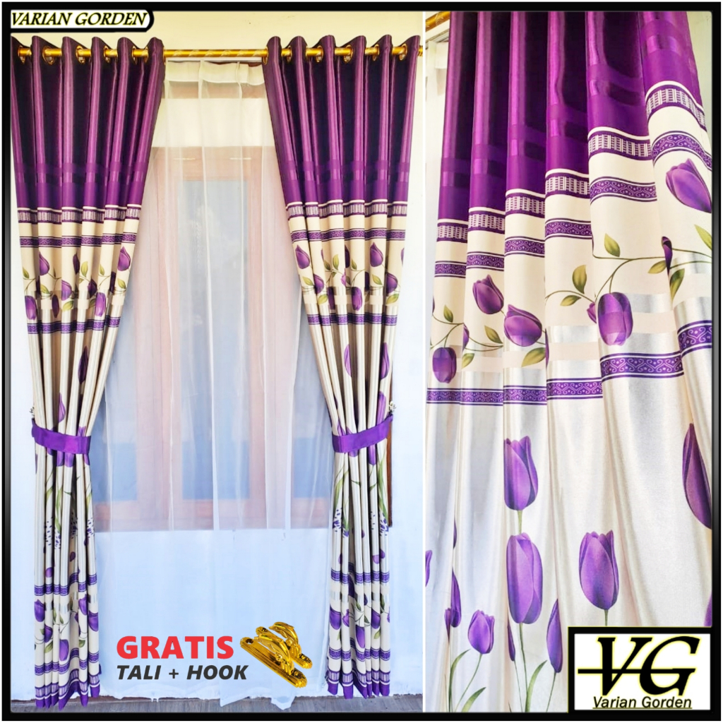 Gorden Minimalis Jendela Dan Pintu Kain Blackout Motif Tulip Ungu Model Smokring Gold Dan Silver