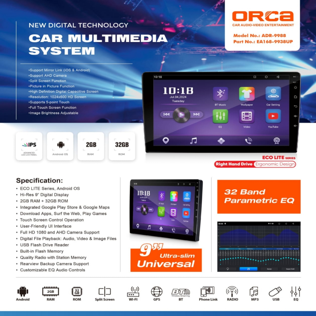Head Unit Android ORCA ADR-9988 ECO LITE 9 inch 2GB-32GB