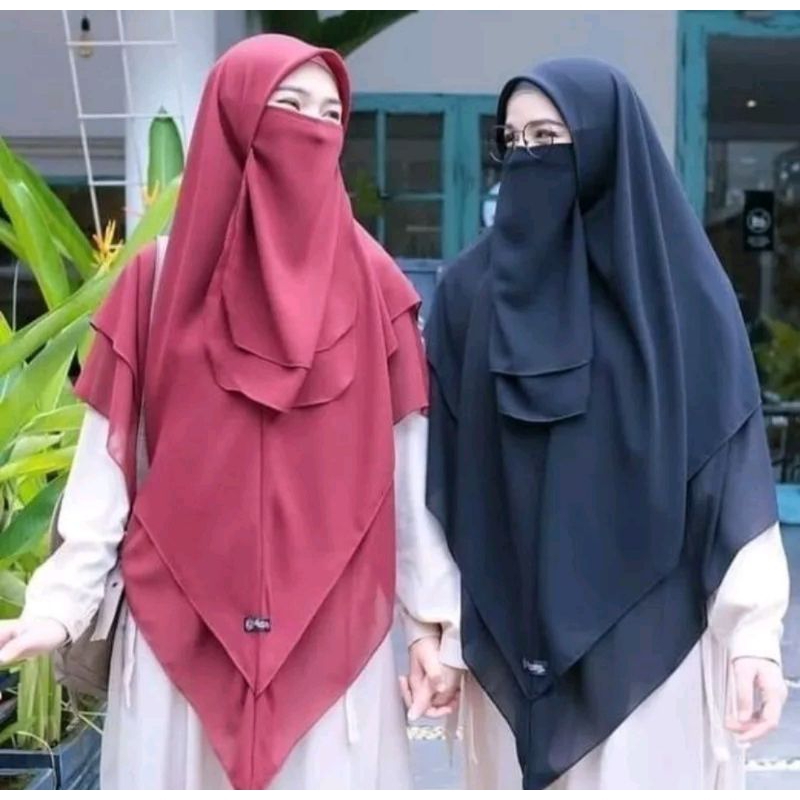 Khimar Instan dua layer Ceruty plus cadar/Kerudung segitiga instan syar'i 2 layer