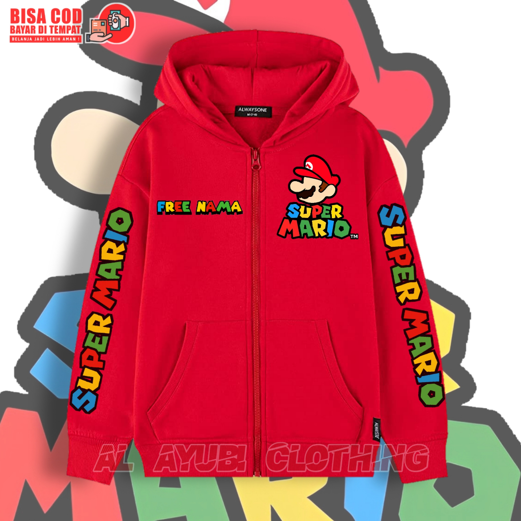 Hoodie Zipper Anak Super Mario / Jaket Hoodie Anak Super Mario FREE NAMA