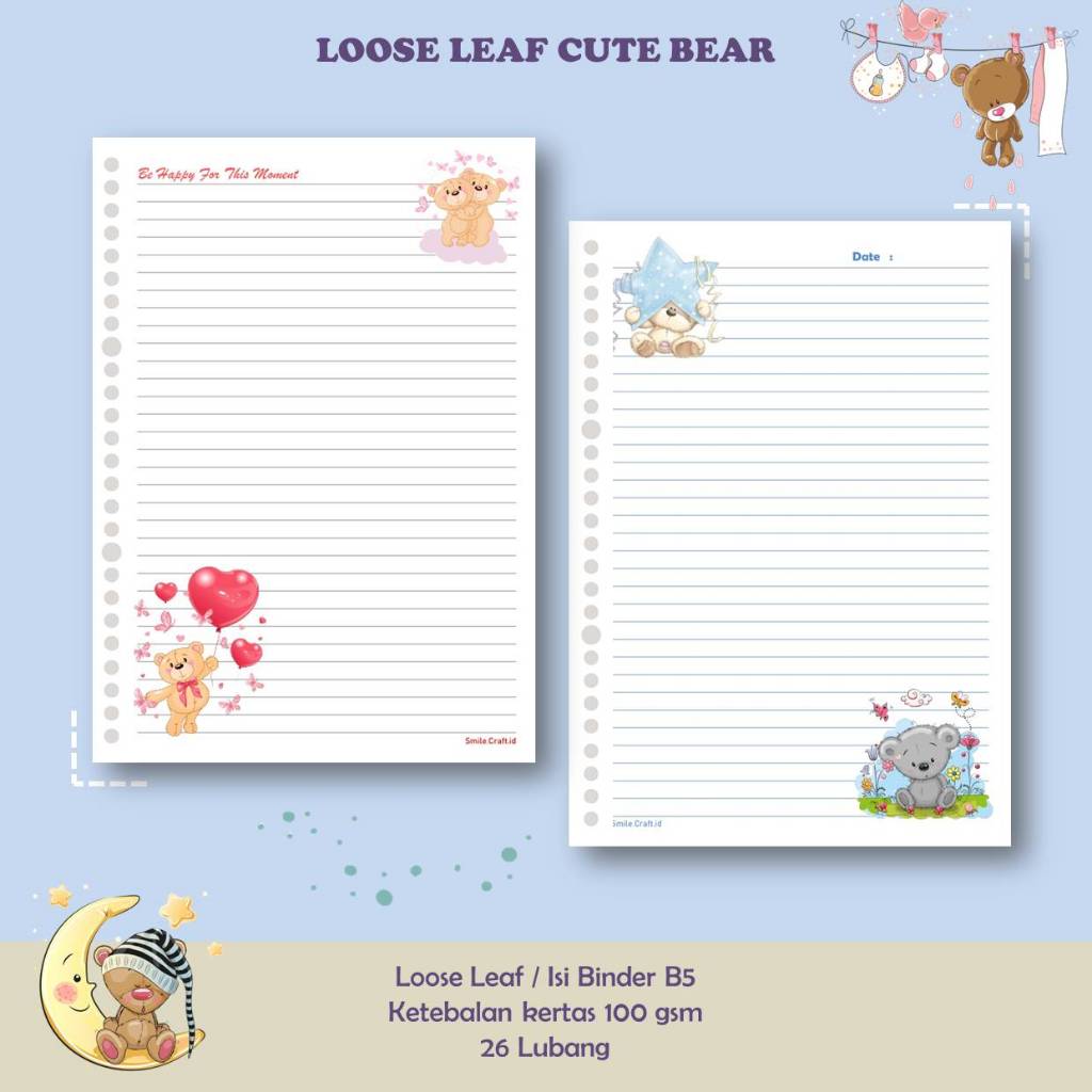 

KERTAS LOOSE LEAF ISI BINDER REFILL NOTEBOOK B5 KARAKTER CUTE BEAR - 100 GSM