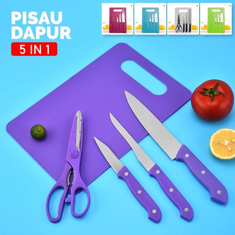 Set Lengkap Pisau Dapur dan Talenan Stainless Steel 5in1 - Set Lengkap Peralatan Dapur