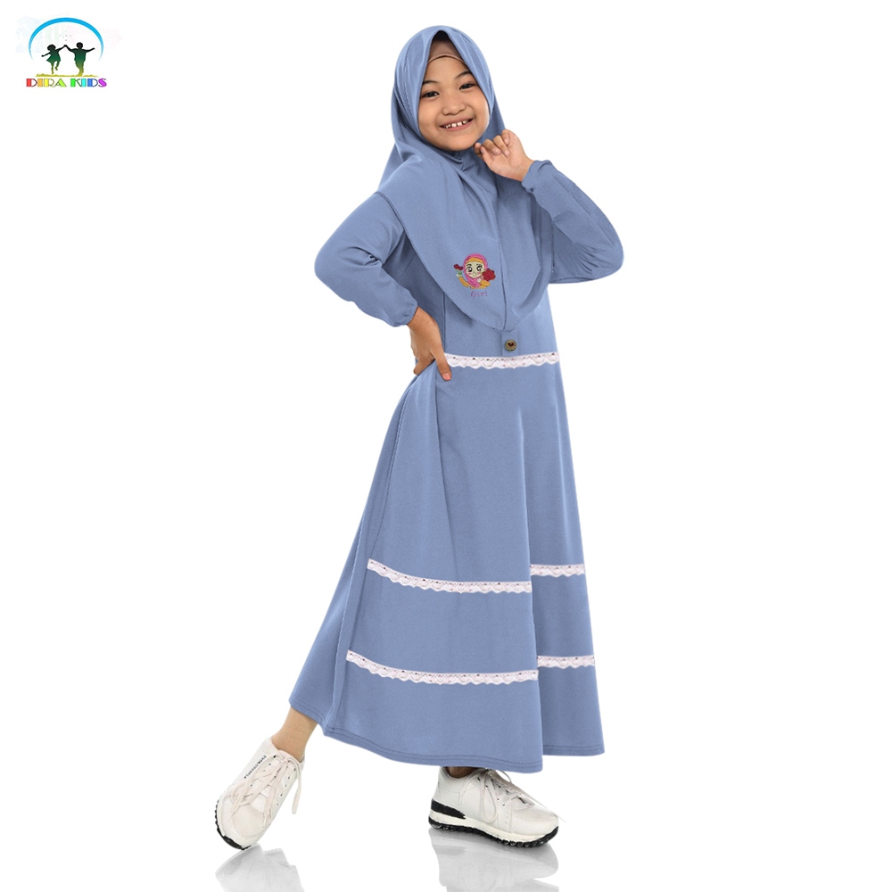 Dirakids Dress Gamis Anak Perempuan Bordir Muslimah Bahan Baby Terry Motif Polos Kombinasi Renda Kekinian Terbaru Dan Termurah