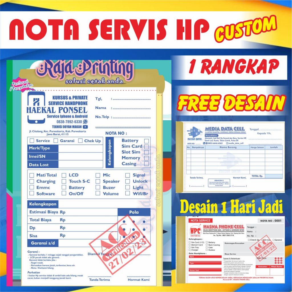 

Nota Servis Hp / Nota Seluler / Nota Cellular / Nota Jual Beli HP Custom Request Nama Toko 1/4 Folio 1 Rangkap Gratis Desain Isi 100 Lembar