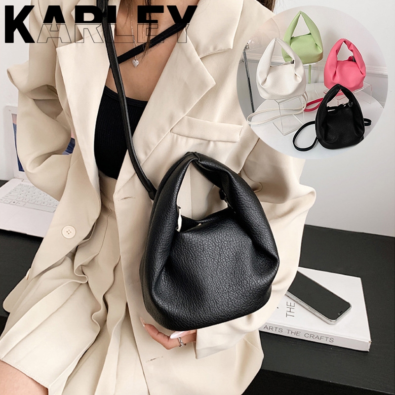 HT-Tas Tangan Kulit Mini Lipit Tas Selempang Ember Kulit Ceruk Tas Bahu Lembut Santai Tas Jinjing Pe