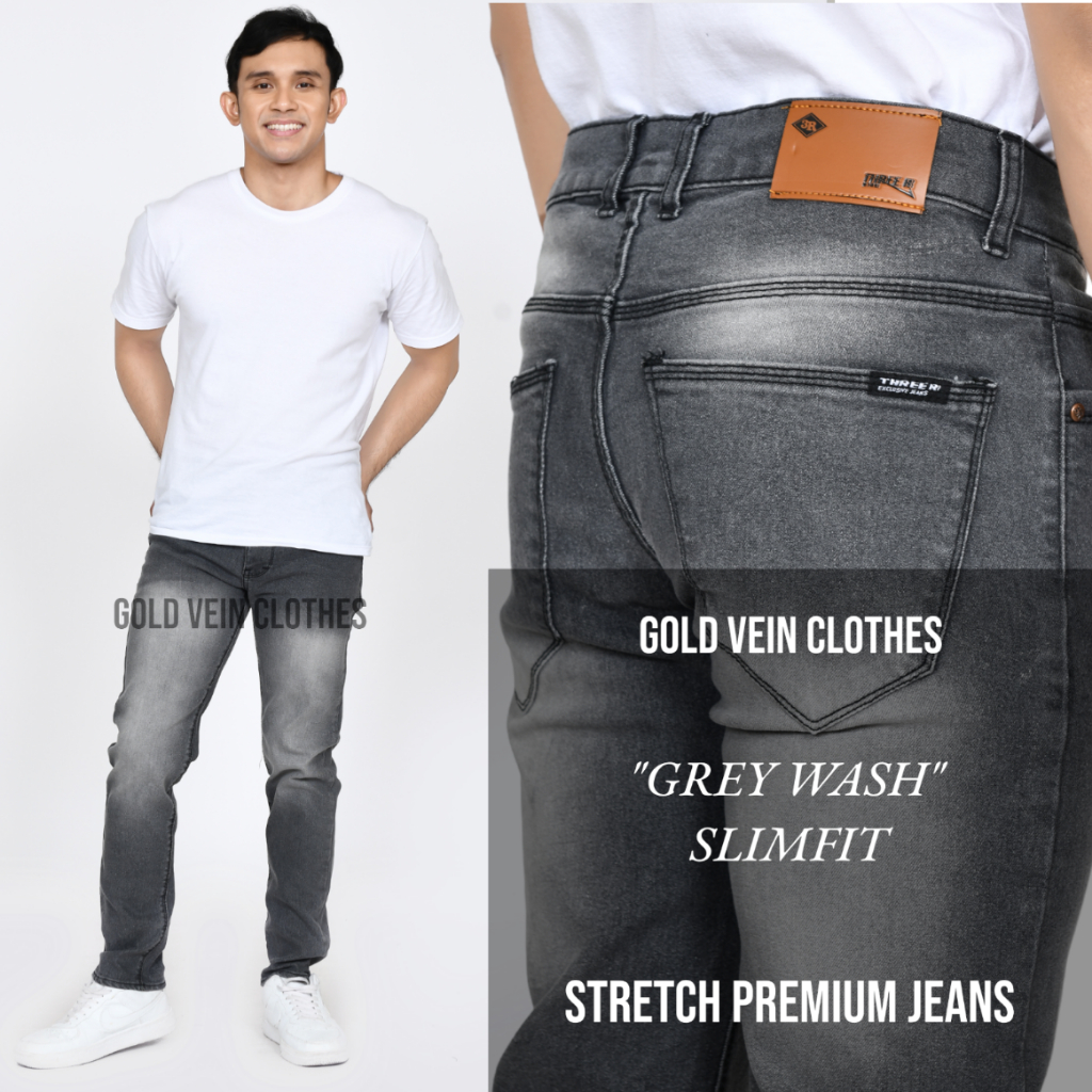 Celana Jeans Panjang Pria Slim Fit Stretch Abu Muda Scrub Jezz Grey Wash Melar Denim Cowok Laki Cera