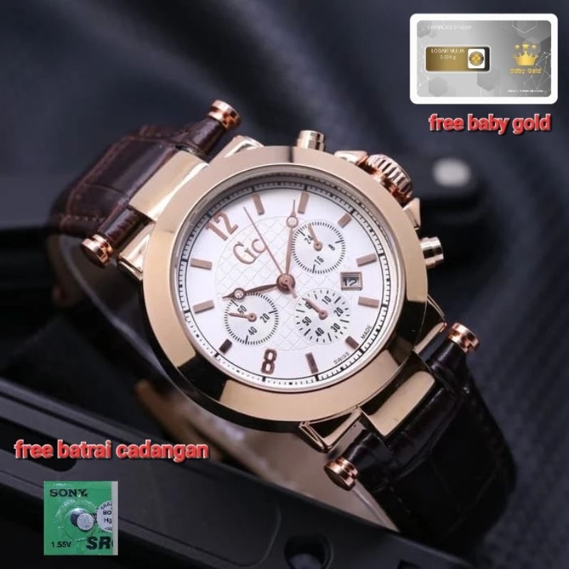 Jam Tangan Pria/Wanita GC-506-M Tangal Aktif Strap Kulit Free Baby Gold