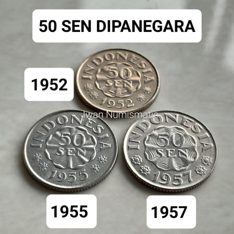 Mini Set 3 Keping Uang Koin 50 Sen Dipanegara Tahun 1952 1955 1957