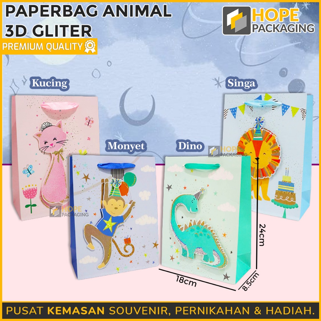 

Paper Bag Seri Animal / Paper Bag 3D Glitter / Paper Bag Hadiah / Goodie Bag Ulang Tahun / Tas Kado