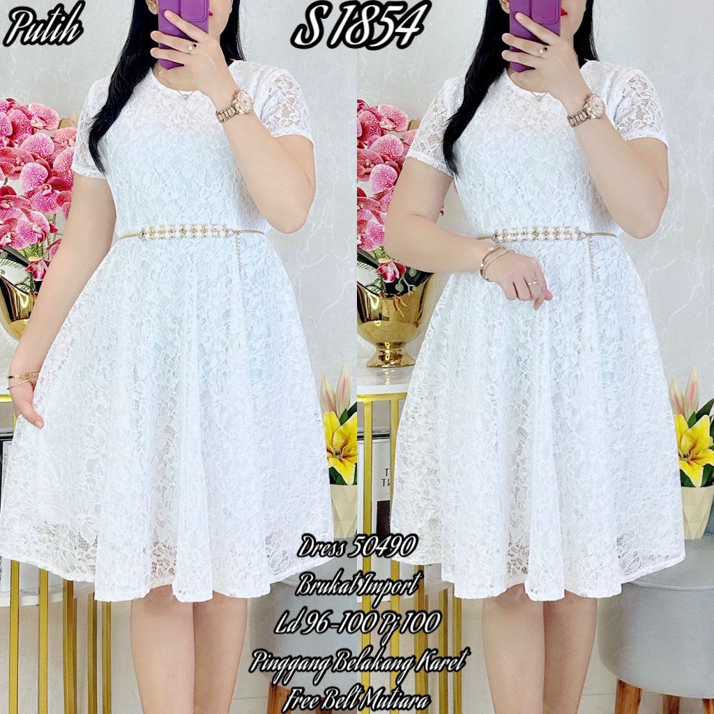 S 1854 00# Dress Brukat Warna Putih 50490
