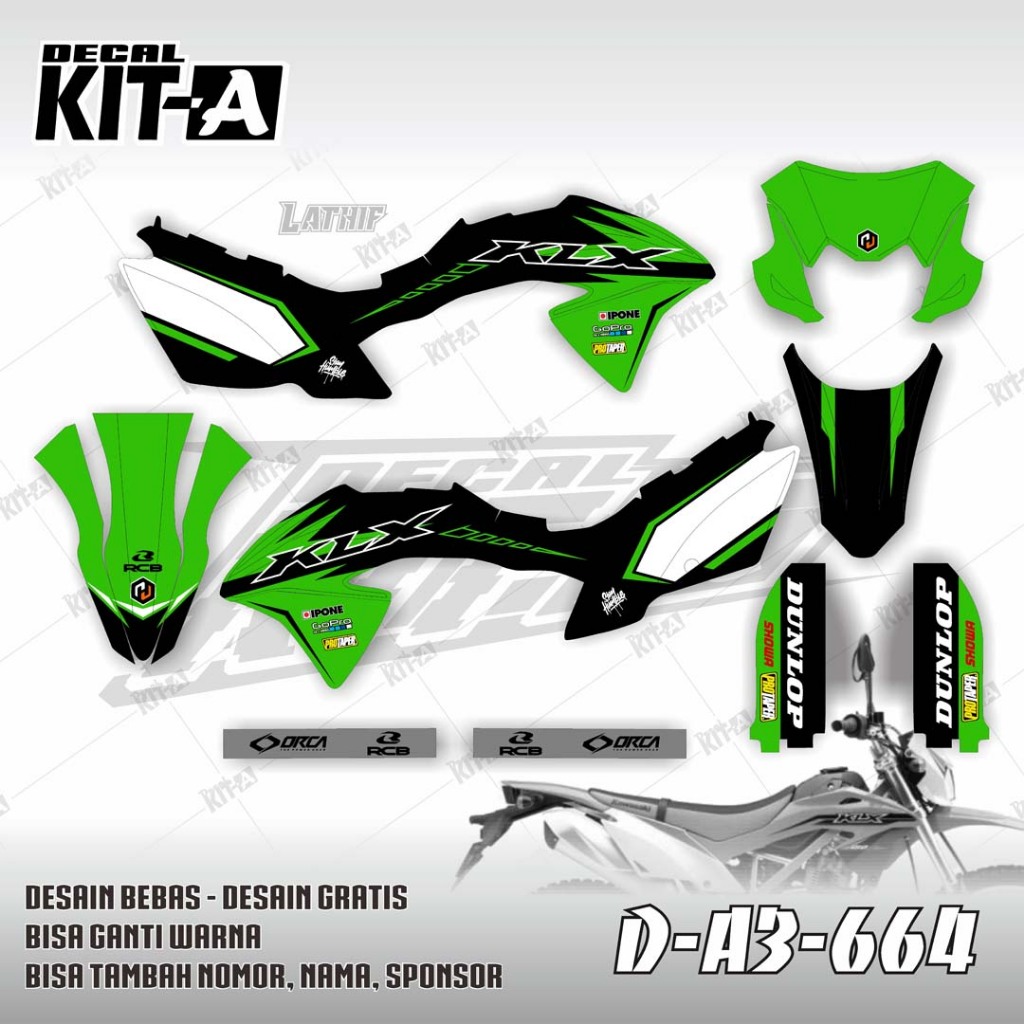 Decal Sticker Kawasaki KLX 150 BF Full Body Stiker MOTIF Hijau Hitam Simpel D-A3-664