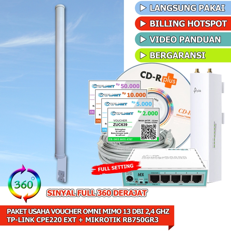 Paket usaha wifi Hotspot Sistem Voucher RT RW NET 3 Km Omni Mimo 13 dbi  sinyal full power 360 deraj