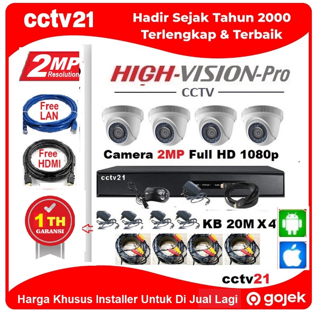 Paket Lengkap 4 cctv + Hardisk Camera HighVision 2MP DVR +Kabel 50M+Free HDMI&Lan Harga Installer cc
