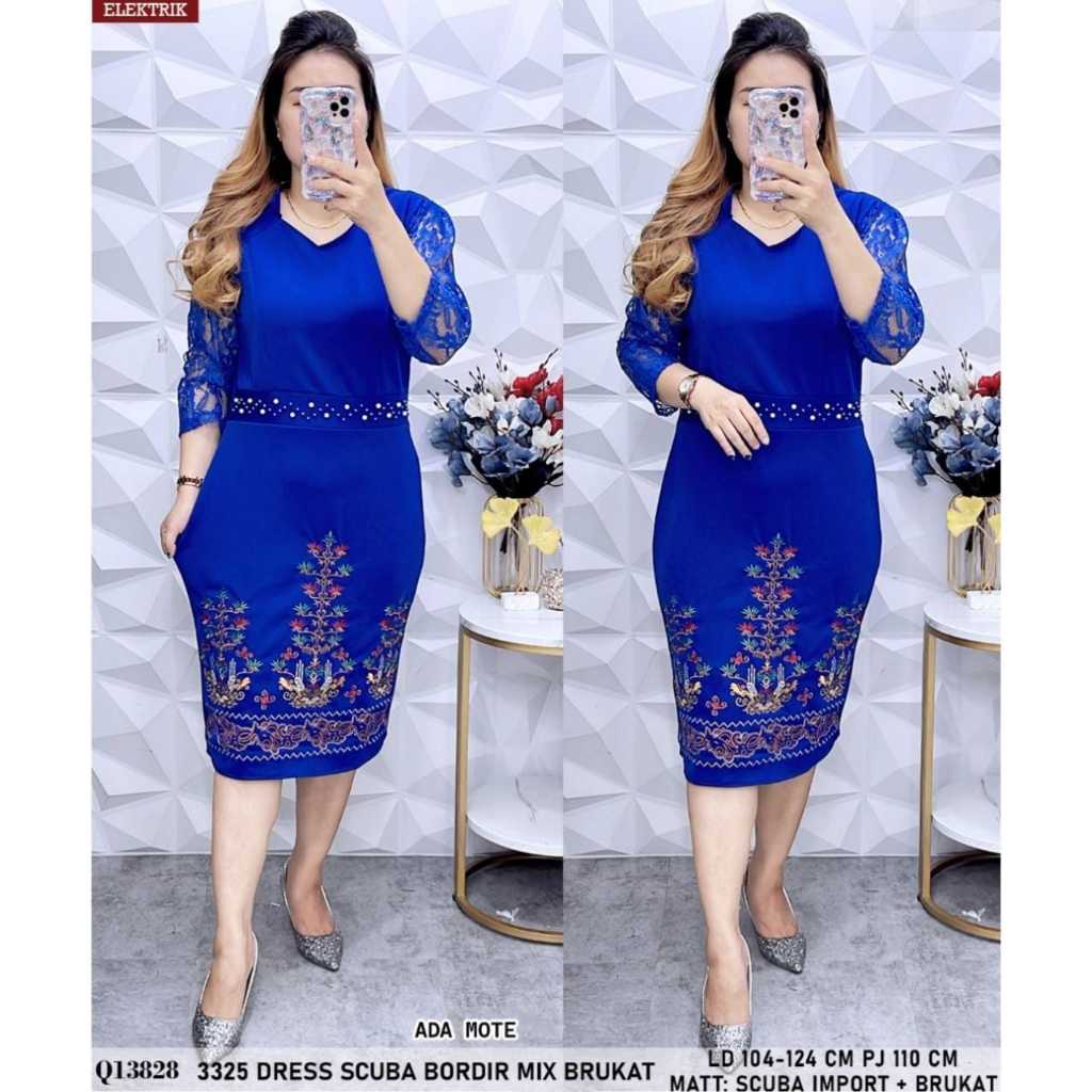Dress 3325 Okky motif bunga-bunga bahan scuba dan brukat import