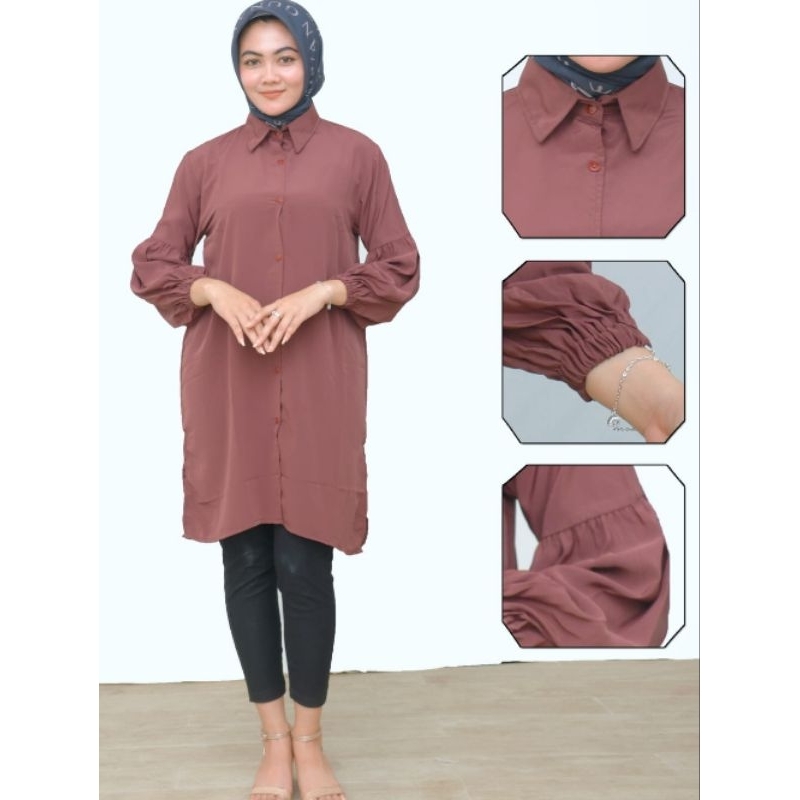Baju Long Dress Kemeja Tunik Wanita Muslim Lengan Balon Polos