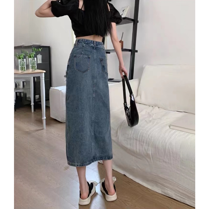 【wanita_id】rok jeans panjang rok korean style highwaist 7/8 rok a line rok midi skirt rok belah samping kekinian