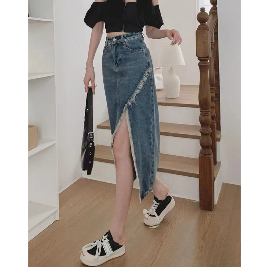 【wanita_id】rok jeans panjang rok korean style highwaist 7/8 rok a line rok midi skirt rok belah samping kekinian