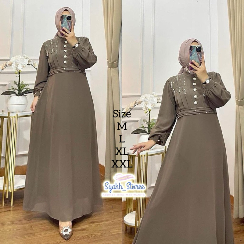Terbaru Gamis Aplikasi Mutiara Payet Davira Dress Bahan Ceruty Babydoll Full Furing Aplikasi Mutiara