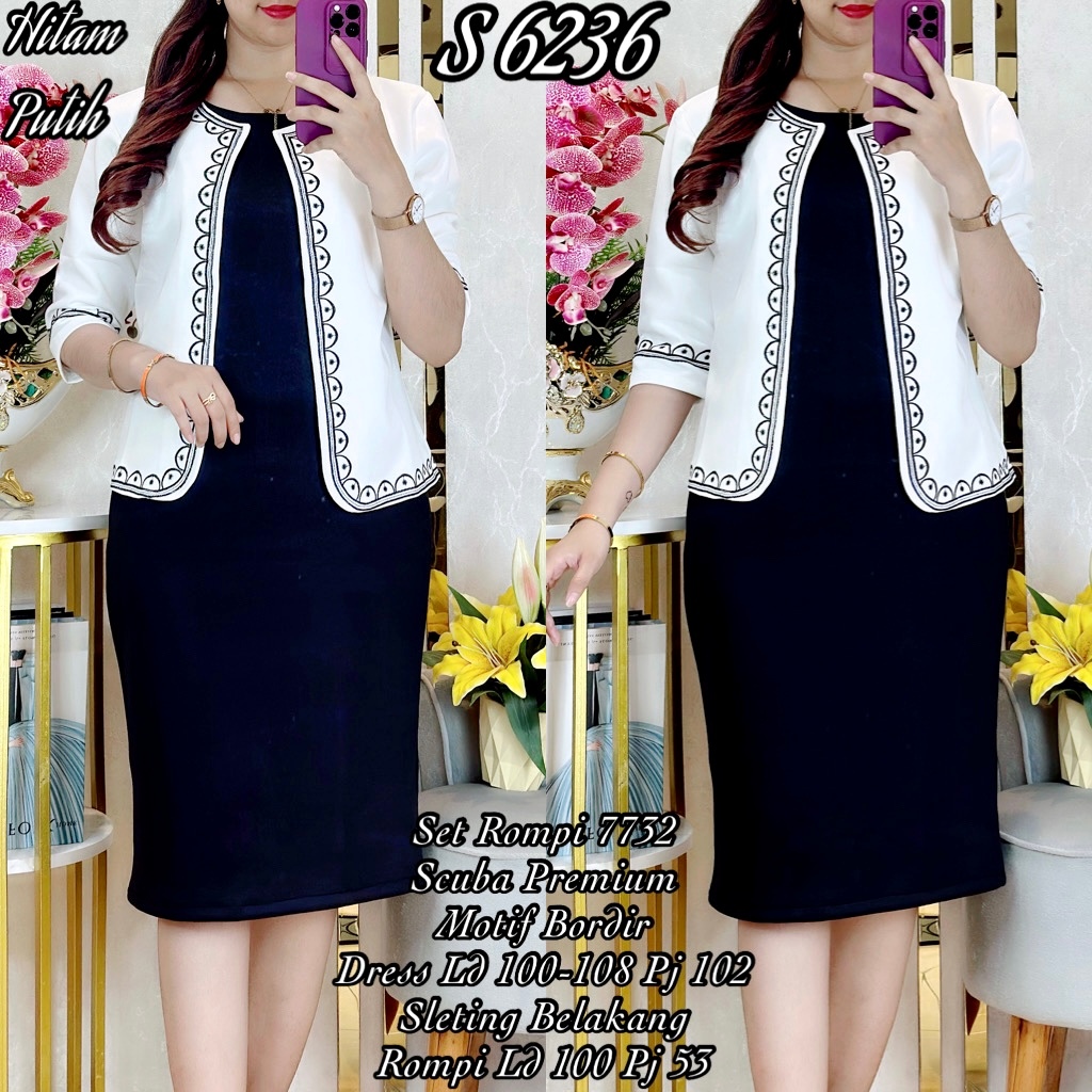 S 6236# Set Dress Rompi Scuba Bordir 7732