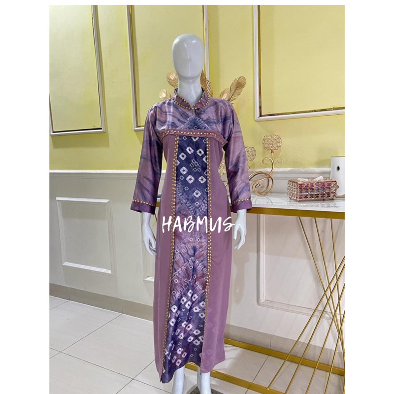 gamis jumputan palembang asli tenun sutra silk motif gibik