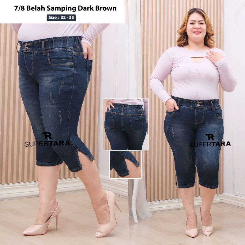 TR16-CELANA 7/8 JEANS WANITA PINGGANG KARET JUMBO SZ 32-35 STREET KANTONG KOTAK BELAH