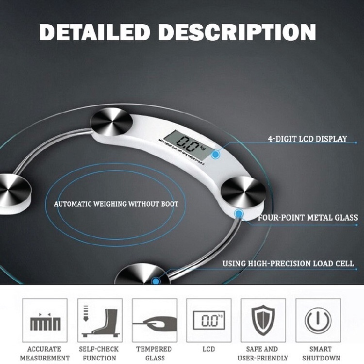 Timbangan Badan Digital Bundar Kaca Tebal Maksimal 180KG Digital Glass Body Weight Scale LCD Display