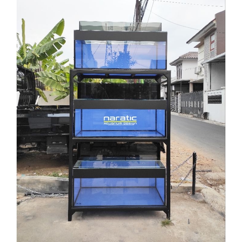 Aquarium 100x50x40 8mm rak holo 4x4 3 susun top filter kaca