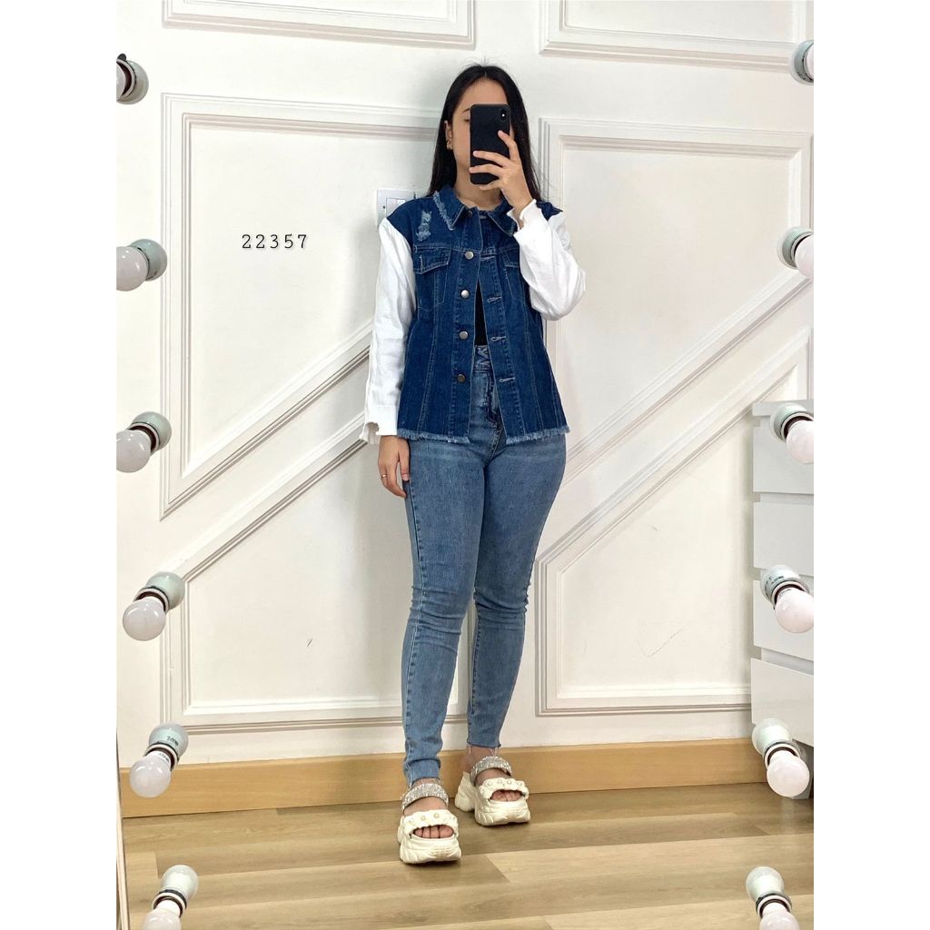 22357 OUTER JAKET JEANS MIX KNIT RIPPED VARIASI MODEL RAWIS SOBEK BAHU TANGAN RAJUT PANJANG PREMIUM 